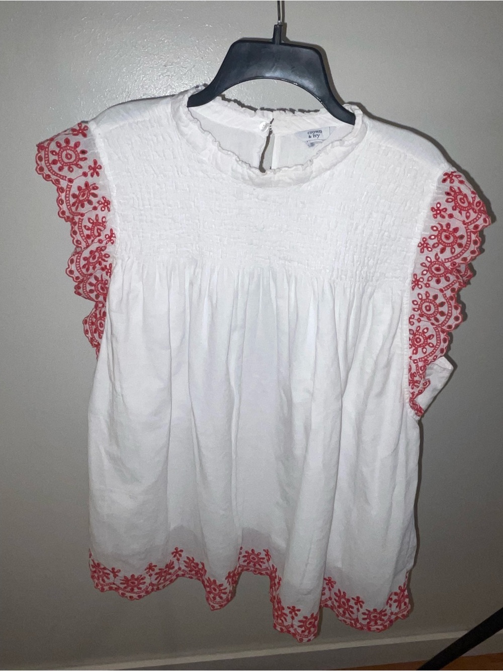 crown & ivy White Cotton Smocked Blouse with Red Embroidered Trim - Picture 2 of 3